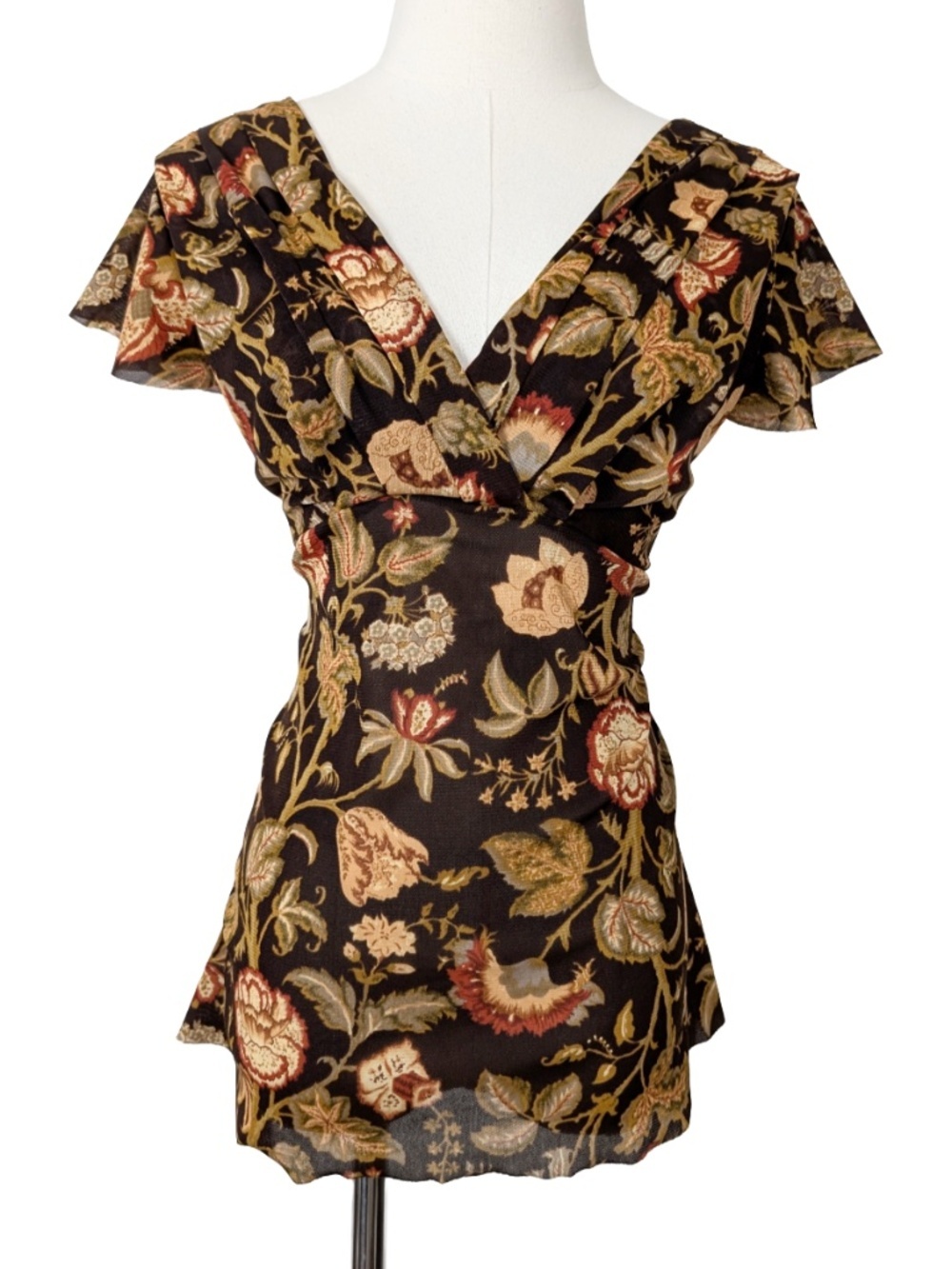 Y2K Micro Mesh Short Sleeve Blouse Floral Size Large Brown (E)